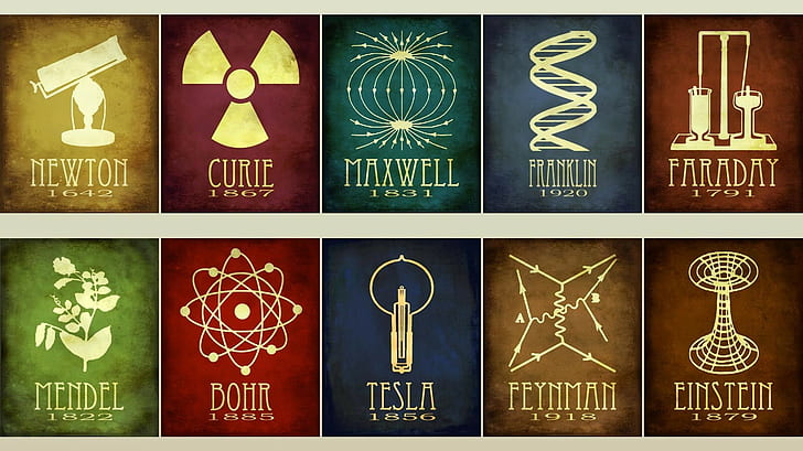 Nikola Tesla, chemia, infografiki, nauka, sztuka cyfrowa, Albert Einstein, grafika, naukowcy, kolaż, historia, Faraday, fizyka, Isaac Newton, Tapety HD