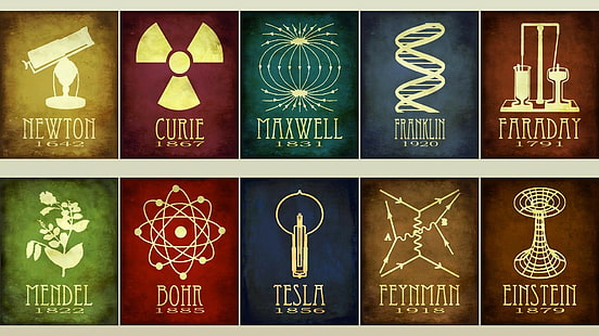 Nikola Tesla, chemistry, infographics, science, digital art, Albert Einstein, artwork, scientists, collage, history, Faraday, physics, Isaac Newton, HD wallpaper HD wallpaper