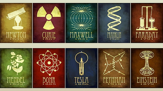 symbole w różnych kolorach ilustracja, naukowcy, nauka, Isaac Newton, Albert Einstein, Nikola Tesla, Faraday, chemia, fizyka, infografiki, historia, kolaż, sztuka cyfrowa, grafika, Tapety HD HD wallpaper