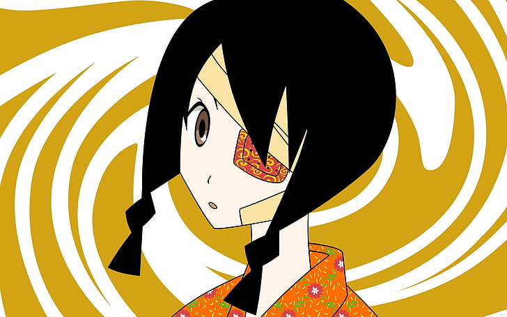 black-haired woman in orange top illustration, sayonara zetsubou sensei, kobushi abiru, girl, brunette, kimono, eye patch, HD wallpaper