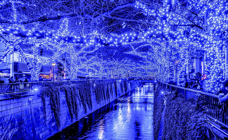 Tokyo Blue Grotto Japonia, niebieskie sznury świetlne, Azja, Japonia, Tapety HD