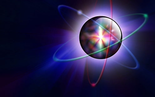 planète multicolore, lumière, couleur, boule, orbite, atome, électron, Fond d'écran HD HD wallpaper