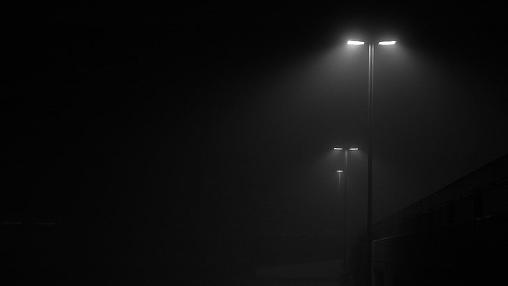 hitam, hitam dan putih, malam, lampu jalan, kegelapan, cahaya, pencahayaan, fotografi monokrom, monokrom, Wallpaper HD
