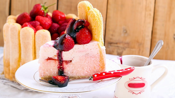 strawberry on top moist cake served on white ceramic plate, cake, souffle, cookies, fruit, strawberry, chocolate, jam, HD wallpaper