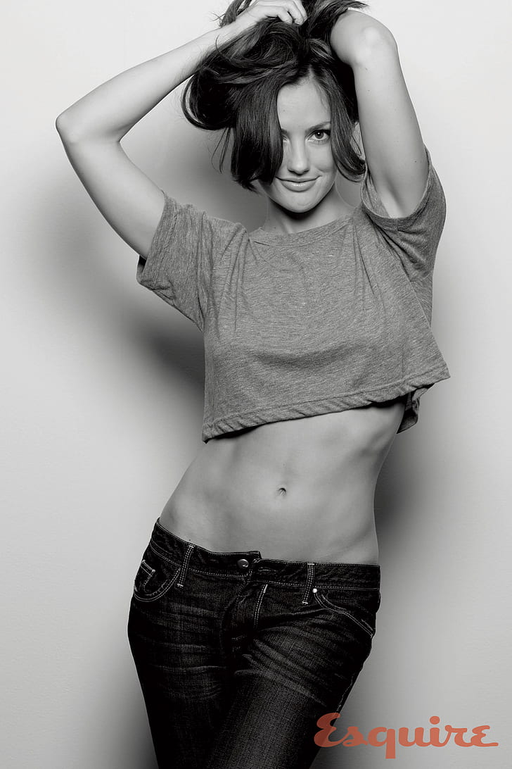 Minka Kelly, actress, women, brunette, monochrome, jeans, simple background, arms up, Esquire, HD wallpaper