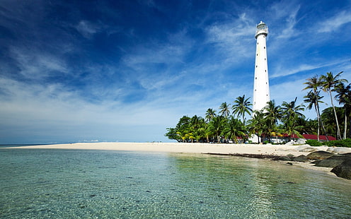 Isola di Belitung, Indonesia, Mar di Giava, faro, costa, palme, Belitung, Isola, Indonesia, Giava, mare, faro, Costa, palma, alberi, Sfondo HD HD wallpaper