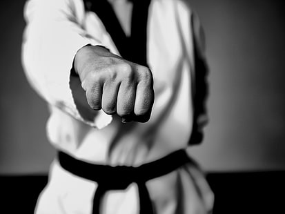 fotografia in scala di grigi dello sfondo del giocatore taekwondo, taekwondo, lotta, combattente, pugno, bw, Sfondo HD HD wallpaper