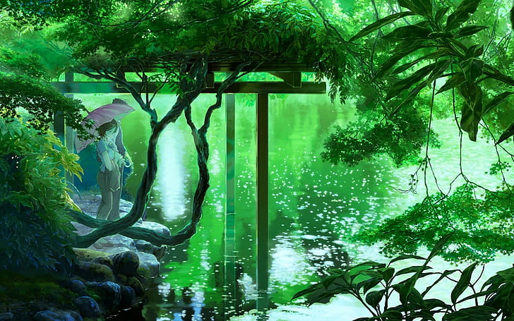 paysage, vert, arbres, anime, lac, Le jardin des mots, parapluie, Fond d'écran HD