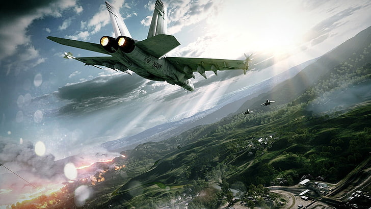 pesawat abu-abu, medan perang, penerbangan, pesawat terbang, langit, api, Wallpaper HD