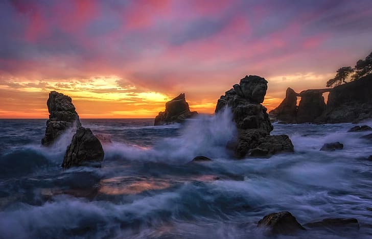 sea, wave, sunset, rocks, coast, Spain, Catalonia, The Mediterranean sea, Costa Brava, Mediterranean Sea, HD wallpaper