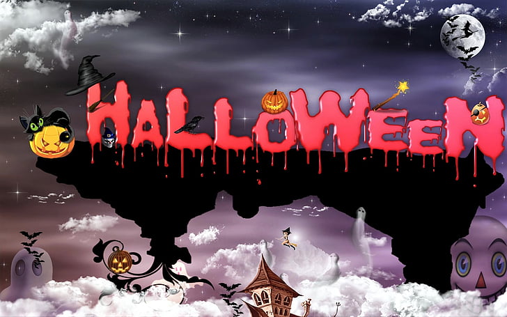 Holiday, Halloween, Bat, Cat, House, Jack-o'-lantern, Moon, HD wallpaper