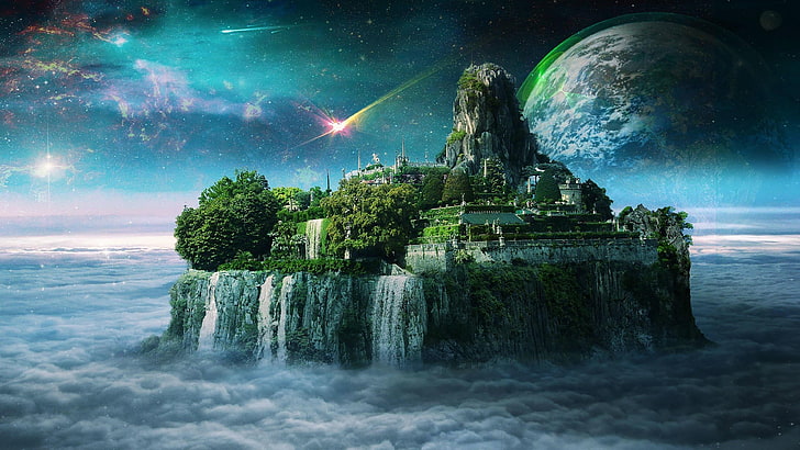 Fantasiekunst, Raumkunst, Wasserfall, Insel, Raum, Schloss, Stadt, Himmel, Sterne, Planet, HD-Hintergrundbild
