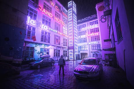 Neon, Cyberpunk, Auto, Gebäude, Nacht, Rucksäcke, von hinten, Lichter, Neonlichter, Łukasz, Stadt, Reflexion, Schilder, Fahrrad, Regen, HD-Hintergrundbild HD wallpaper