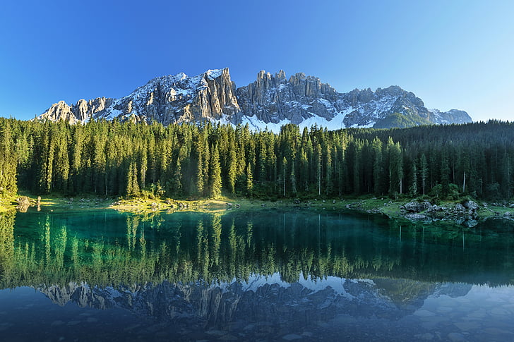 Forest, Lake, Mountains, Reflections, Huawei MateBook X, Stock, HD, HD wallpaper