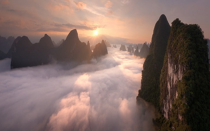 naturaleza, paisaje, montañas, niebla, nubes, China, cielo, Fondo de pantalla HD