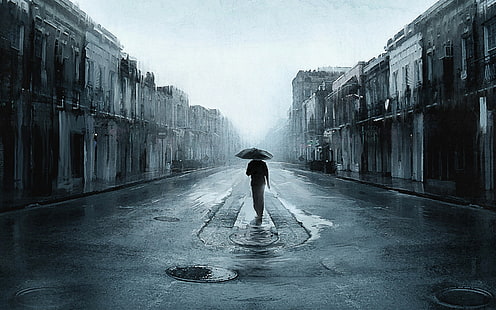 orang berjalan antara bangunan di bawah lukisan payung, sendirian, payung, jalan, hujan, orang, kota, Wallpaper HD HD wallpaper