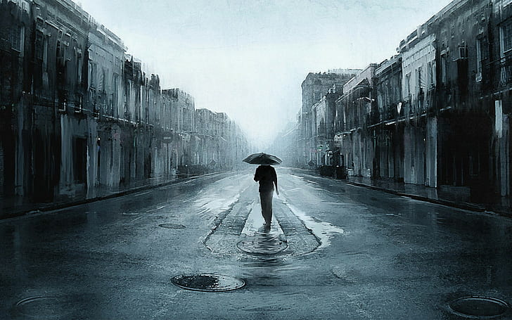 pluie, ville, gens, rue, seul, parapluie, Fond d'écran HD