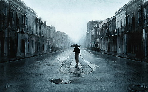 deszcz, miasto, ludzie, ulica, sam, parasol, Tapety HD HD wallpaper