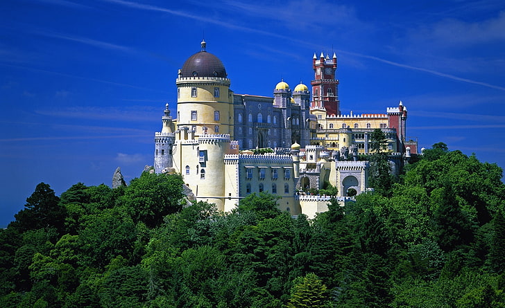 Der Pena National Palace, weißes und braunes Schloss, Europa, Portugal, Staatsangehöriger, Palast, Pena, HD-Hintergrundbild