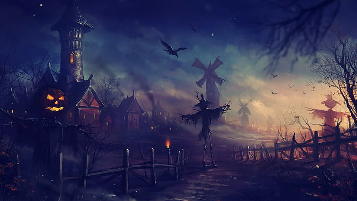 haryarti, spooky, artwork, fantasy art, scarecrows, inevitability, pumpkin, windmill, Halloween, HD wallpaper