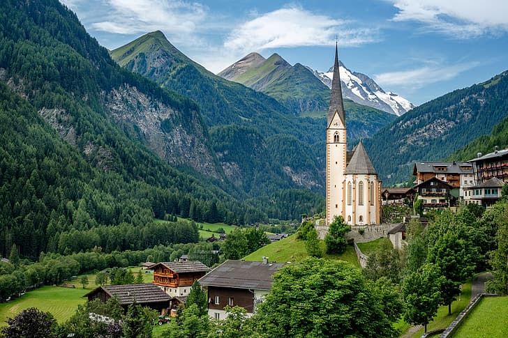 mountains, home, Austria, valley, village, Alps, Church, Carinthia, St Vincent Church, Heiligenblut, Heiligenblut on the Großglockner, HD wallpaper