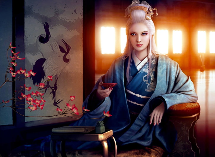 woman wearing blue and white traditional dress illustration, flower, girl, room, Asia, figure, Windows, branch, art, screen, kimono, mario wibisono, bowl, cranes, HD wallpaper
