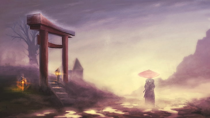 personagem de anime casal segurando o papel de parede digital de guarda-chuva, Samurai Champloo, lanterna, santuário, Jin (Samurai Champloo), névoa, anime, arte da fantasia, HD papel de parede