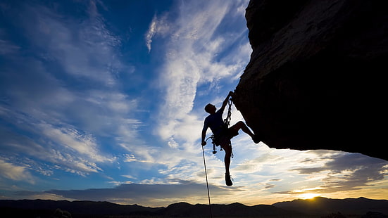 rock climbing, movement, climbing, climb, rock, silhouette, sunset, sky, cliff, HD wallpaper HD wallpaper
