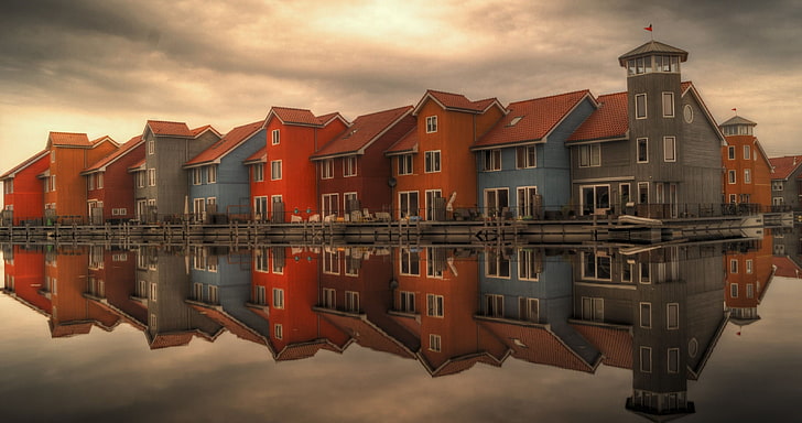 червена и черна дървена къща, къща, езеро, отражение, архитектура, HD тапет