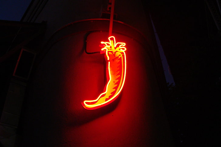 yellow chilly neon signage, neon, art, pepper, light, HD wallpaper