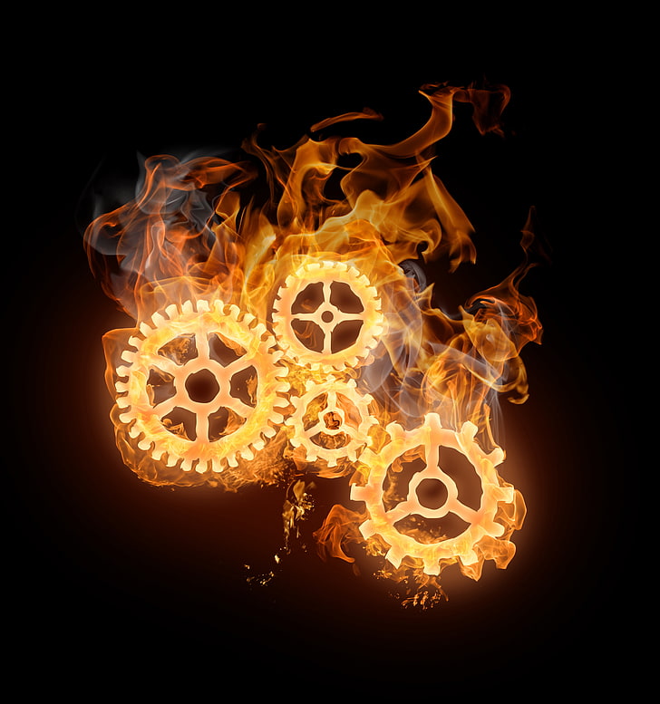 ilustracja żółtego sprzętu, ogień, mechanizm, bieg, płomienie, Tapety HD, tapety na telefon