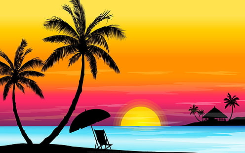 صورة النخلة الكلاسيكية ، صورة الشاطئ ، ميامي ، نائب ، هاواي ، المحيط ، sunbed، خلفية HD HD wallpaper