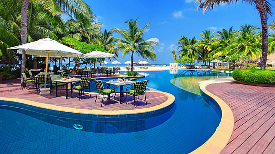 resort, leisure, swimming pool, resort town, vacation, palm tree, tourism, estate, tropics, real estate, summer, recreation, tree, kanuhura, maldives, hotel, HD wallpaper HD wallpaper