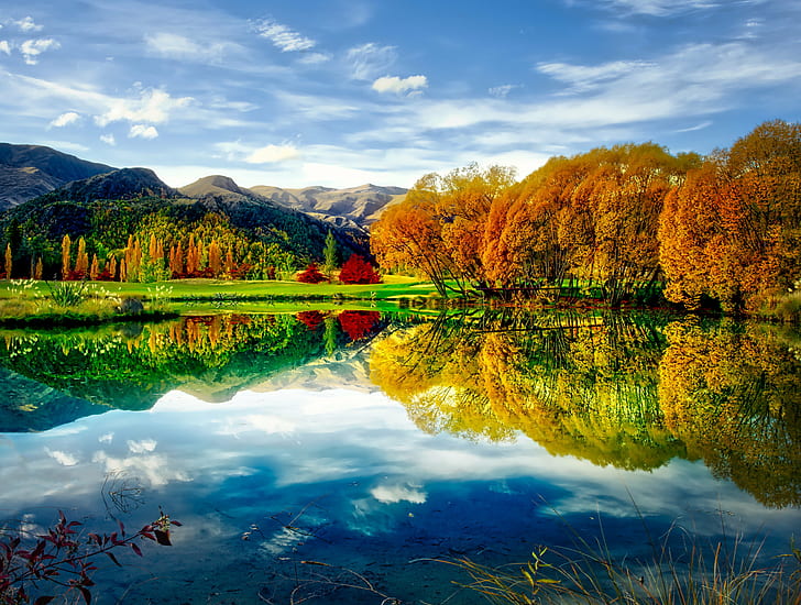 yellow tree on body of waters under cirrus clouds, Hills, tree, body, waters, cirrus clouds, Autumn, New Zealand, com, RR, Daily, Photo, Horizontal, Colour, Color, Art, Sculpture, Golf Course, Bridge, Pond, Sunset  Man, Reflection, Water  Sky, Cloud, Green  Grass, Grass  Blue, White, Tussock, Trees, Willow, Mountain, Rock, Stone, Glare, Sun, Orange, Yellow, Brown, Fawn, Dusk, Red, Metal, Standing, Queenstown, Otago, South Island, Michael Hill, Arrowtown, outdoor, serene, nature, lake, forest, outdoors, landscape, scenics, water, beauty In Nature, sky, leaf, HD wallpaper