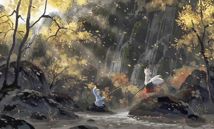 Kawashiro Nitori, waterfall, Okamimimi, Touhou, anime, sunlight, Inubashiri Momiji, artwork, HD wallpaper