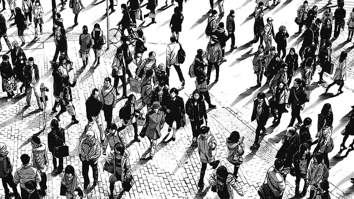 gruppo di persone, monocromatico, manga, a piedi, Sfondo HD