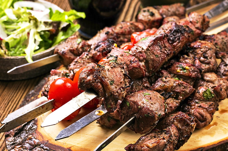 grilled meats, meat, tomatoes, kebab, HD wallpaper