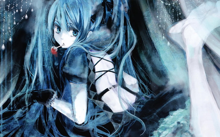 Lutscher, Anime Mädchen, Anime, blau, blaue Haare, blaue Augen, HD-Hintergrundbild