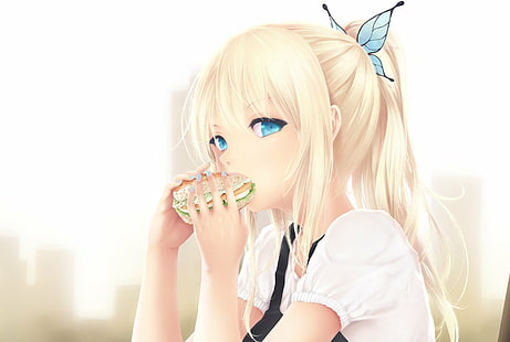 anime, dziewczyny anime, blondynka, niebieskie oczy, hamburgery, jedzenie, Kashiwazaki Sena, długie włosy, proste tło, biała sukienka, Tapety HD HD wallpaper