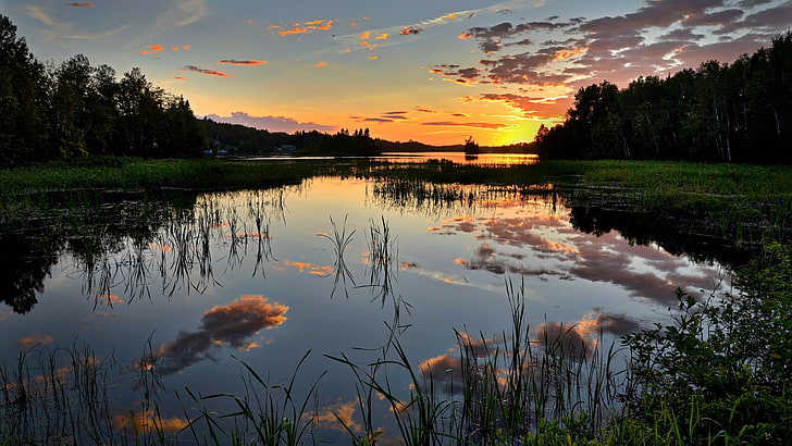 reflexión, agua, naturaleza, cielo, humedal, desierto, lago, Quebec, lago, Canadá, puesta de sol, tarde, depósito, reflejado, nube, Fondo de pantalla HD