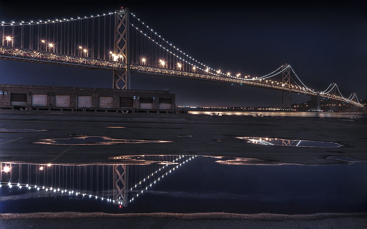 мост, нощ, мост Сан Франциско-Оукланд Бей, езерце, отражение, светлини, HD тапет