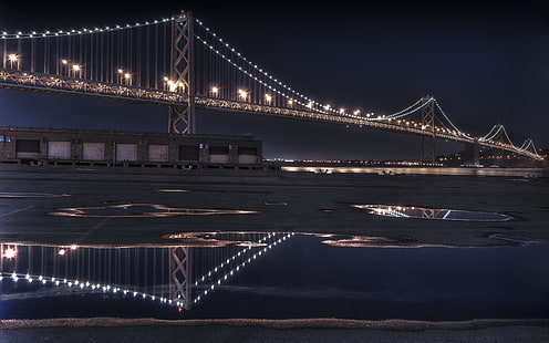мост, ночь, Сан-Франциско-Окленд Бэй Бридж, пруд, отражение, огни, HD обои HD wallpaper