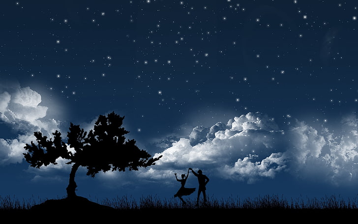 siluet anak laki-laki dan perempuan menari di dekat pohon di malam hari, pasangan, menari, langit, malam, pohon, siluet, Wallpaper HD