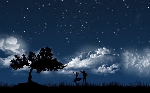 silhouette of boy and girl dancing near tree at night, couple, dance, sky, night, tree, silhouettes, HD wallpaper HD wallpaper