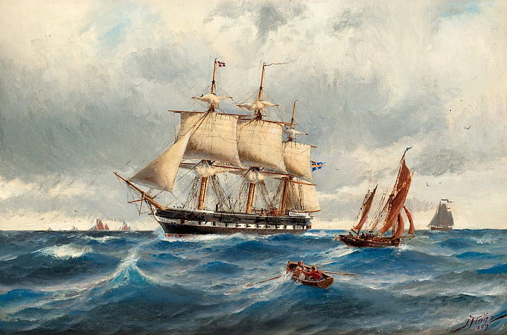 flot, painting, sailing ship, ship, sea, artwork, classical art, HD wallpaper