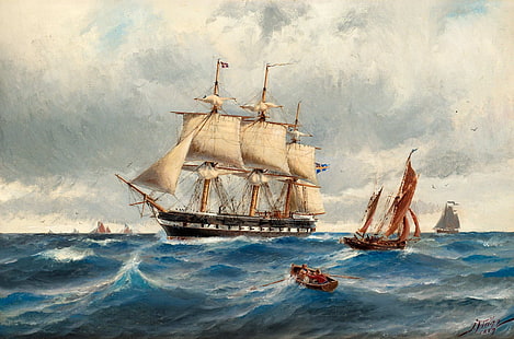 flot, painting, sailing ship, ship, sea, artwork, classical art, HD wallpaper HD wallpaper