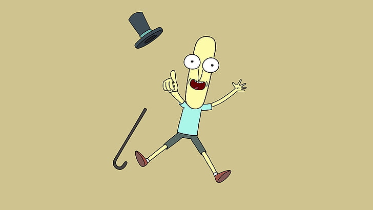 Rick et Morty, natation adulte, dessin animé, Mr.Poopybutthole, chapeau haut de forme, canne, Fond d'écran HD