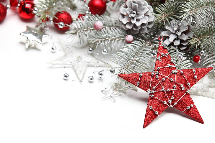 Christmas, decorations, balls, New year, star, HD wallpaper