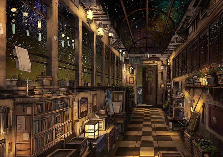 книги внутри комнаты с полкой и шкафом, комната, фэнтези арт, аниме, звезды, небо, ночь, HD обои