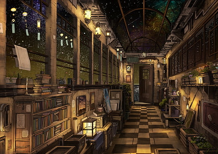 книги внутри комнаты с полкой и шкафом, комната, фэнтези арт, аниме, звезды, небо, ночь, HD обои HD wallpaper